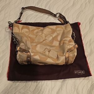 Coach Tan Signature Shoulder Bag with Leather Accents